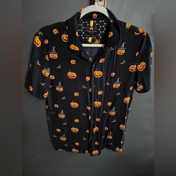 Denim & Flower Ricky Singh Black Halloween Pumpkin Button Up Shirt Men's Small - Picture 1 of 10